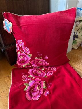 Anthro PIP studio Embroidered Red Velvet Floral pillow cushion covers set of 2